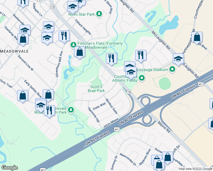 map of restaurants, bars, coffee shops, grocery stores, and more near 840 Brass Winds Place in Mississauga