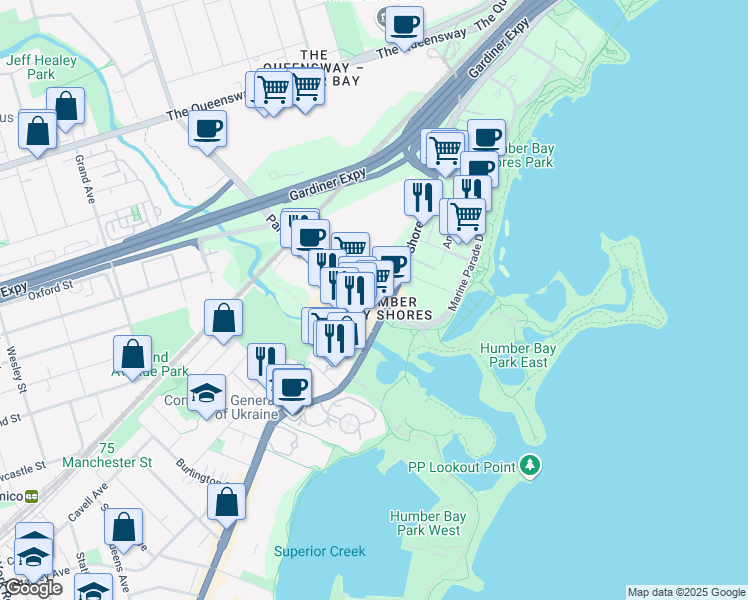 map of restaurants, bars, coffee shops, grocery stores, and more near 15 Park Lawn Road in Toronto