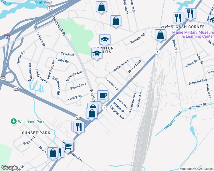 map of restaurants, bars, coffee shops, grocery stores, and more near 25 Thirlmere Avenue in South Portland
