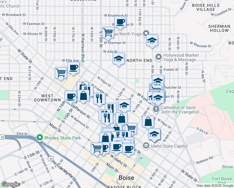 map of restaurants, bars, coffee shops, grocery stores, and more near 1207 West Hays Street in Boise