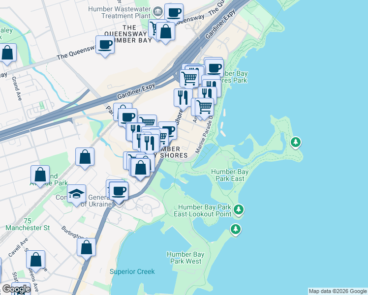map of restaurants, bars, coffee shops, grocery stores, and more near 30 Shore Breeze Drive in Toronto