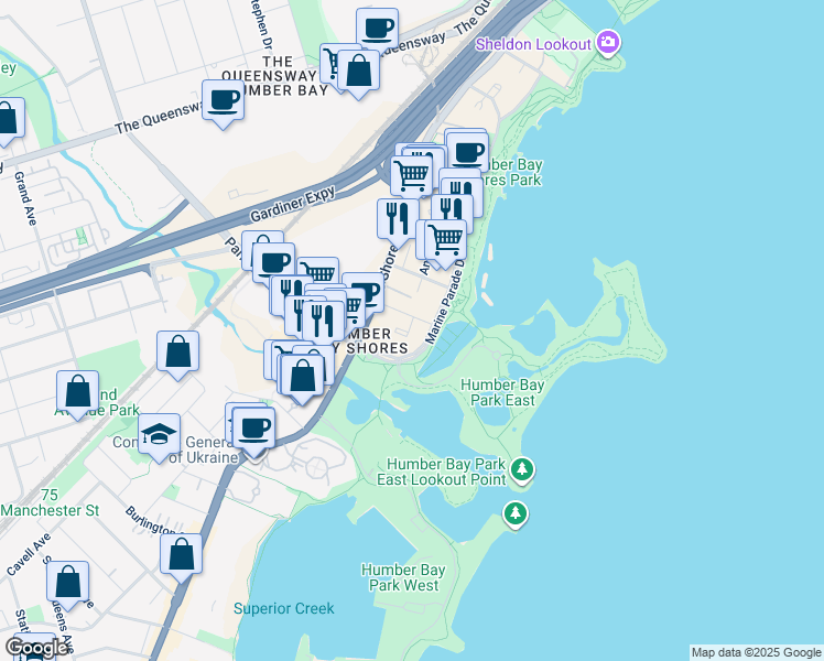 map of restaurants, bars, coffee shops, grocery stores, and more near 20 Shore Breeze Drive in Toronto