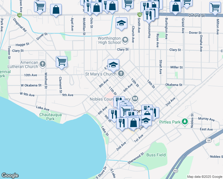 map of restaurants, bars, coffee shops, grocery stores, and more near 701 11th Street in Worthington