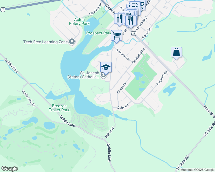 map of restaurants, bars, coffee shops, grocery stores, and more near 161 Mill Street in Halton Hills