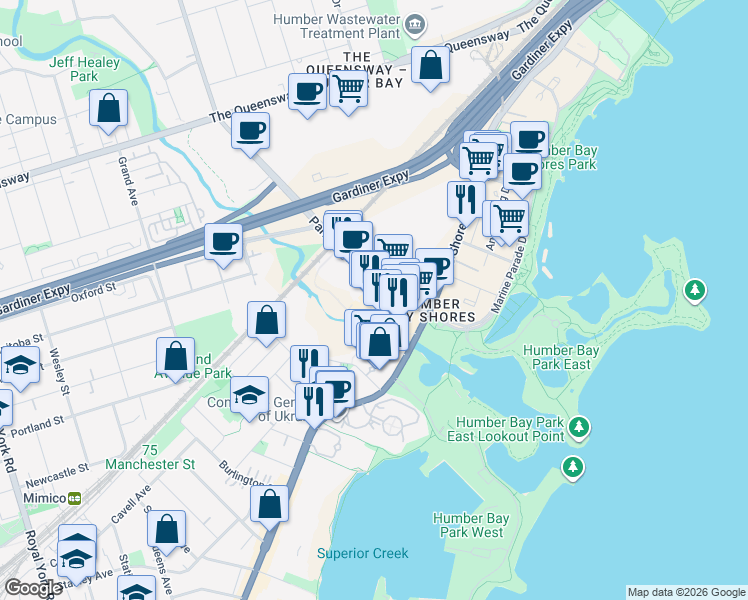 map of restaurants, bars, coffee shops, grocery stores, and more near 10 Park Lawn Road in Toronto