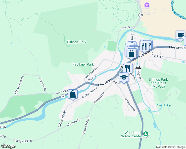 map of restaurants, bars, coffee shops, grocery stores, and more near 47 River Street in Woodstock