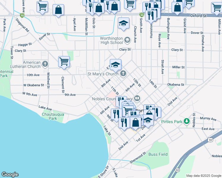 map of restaurants, bars, coffee shops, grocery stores, and more near 701 11th Street in Worthington