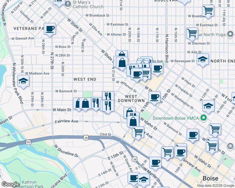 map of restaurants, bars, coffee shops, grocery stores, and more near 18181820 West Idaho Street in Boise