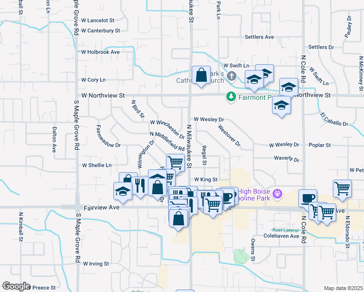 map of restaurants, bars, coffee shops, grocery stores, and more near 1969 North Middlefield Road in Boise