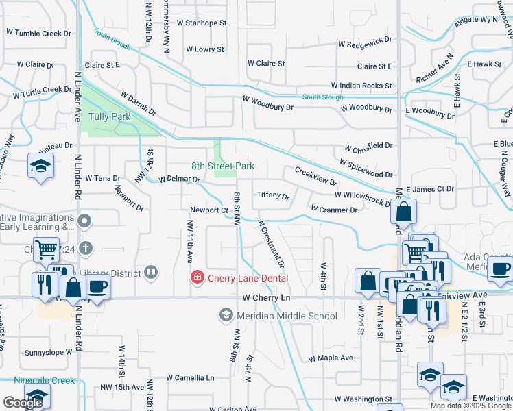 map of restaurants, bars, coffee shops, grocery stores, and more near 712 Longford Drive in Meridian