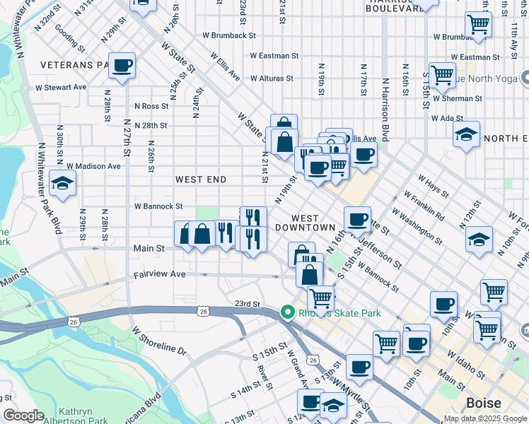 map of restaurants, bars, coffee shops, grocery stores, and more near 18181820 West Idaho Street in Boise