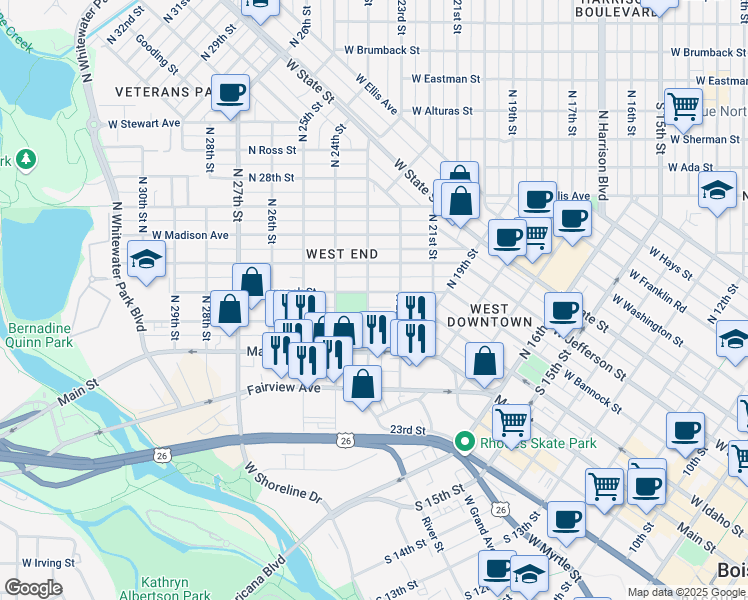 map of restaurants, bars, coffee shops, grocery stores, and more near 200 North 23rd Street in Boise