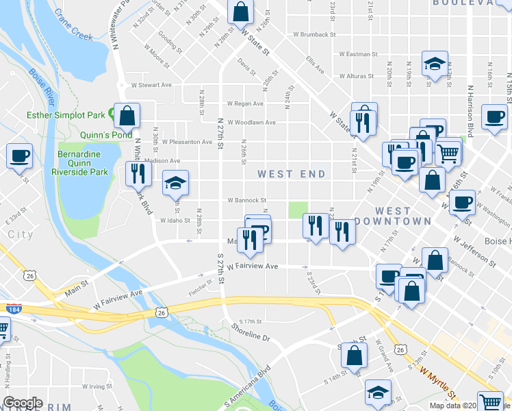 map of restaurants, bars, coffee shops, grocery stores, and more near 2504 West Idaho Street in Boise