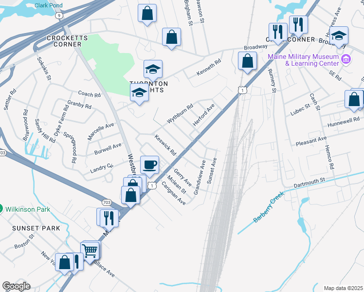 map of restaurants, bars, coffee shops, grocery stores, and more near 11 Keswick Road in South Portland