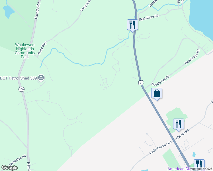 map of restaurants, bars, coffee shops, grocery stores, and more near 44 Granite Ridge in Meredith
