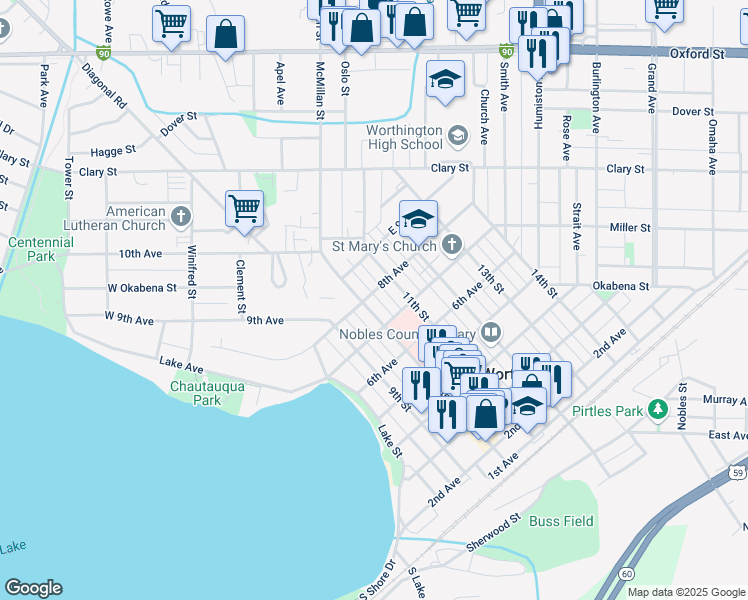 map of restaurants, bars, coffee shops, grocery stores, and more near 717 10th Street in Worthington