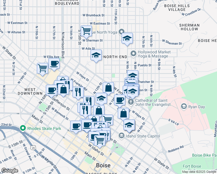 map of restaurants, bars, coffee shops, grocery stores, and more near 1101 West Fort Street in Boise
