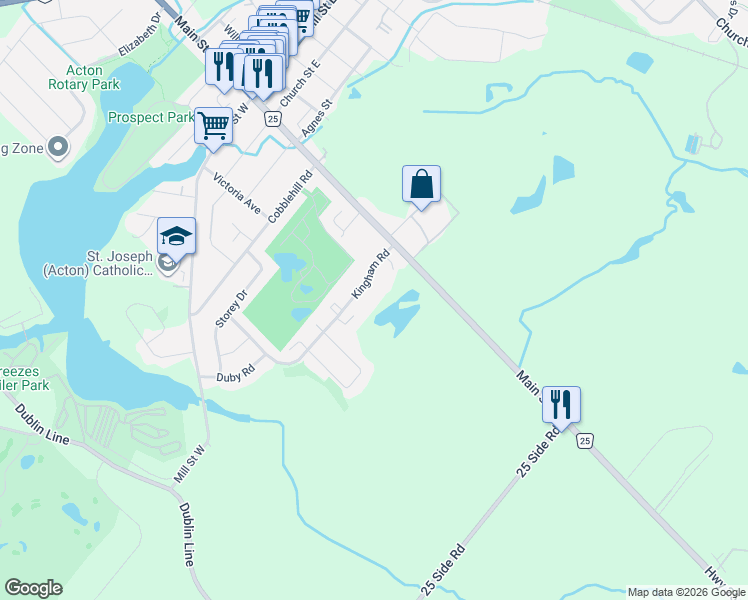 map of restaurants, bars, coffee shops, grocery stores, and more near 34 Kingham Road in Acton