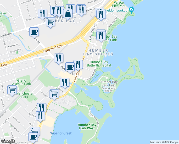 map of restaurants, bars, coffee shops, grocery stores, and more near in Toronto