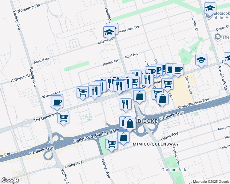 map of restaurants, bars, coffee shops, grocery stores, and more near 1050 The Queensway in Toronto