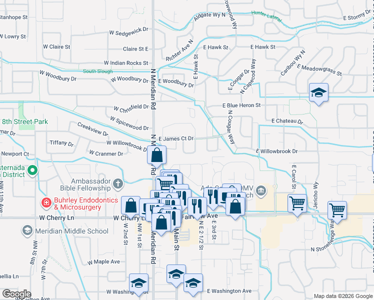 map of restaurants, bars, coffee shops, grocery stores, and more near 243 East Elbridge Street in Meridian
