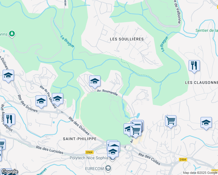 map of restaurants, bars, coffee shops, grocery stores, and more near 750 Avenue Roumanille in Biot