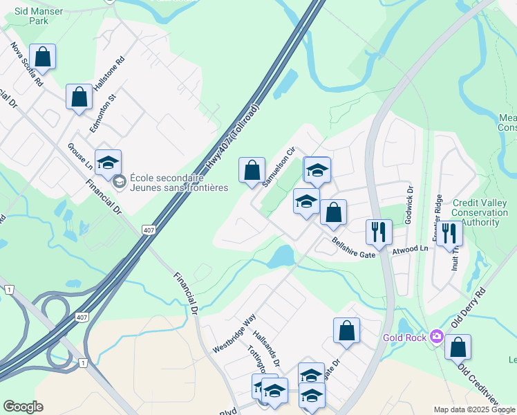 map of restaurants, bars, coffee shops, grocery stores, and more near 1625 Samuelson Circle in Mississauga