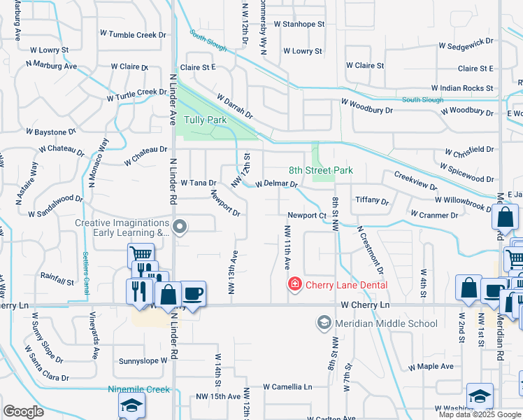 map of restaurants, bars, coffee shops, grocery stores, and more near 1170 West Newport Court in Meridian
