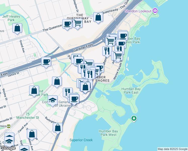 map of restaurants, bars, coffee shops, grocery stores, and more near 15 Park Lawn Road in Toronto