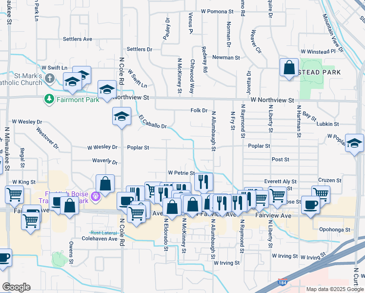 map of restaurants, bars, coffee shops, grocery stores, and more near 7017 Poplar Street in Boise