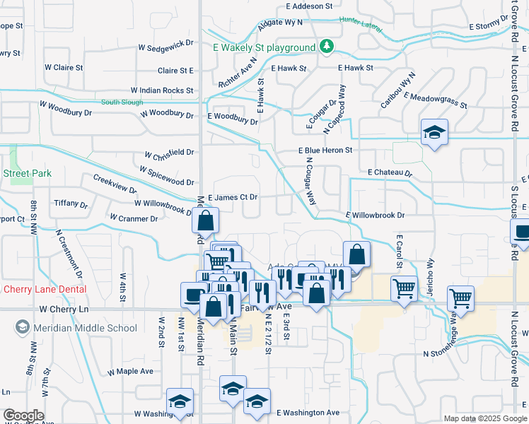map of restaurants, bars, coffee shops, grocery stores, and more near 324 East Carmel Drive in Meridian