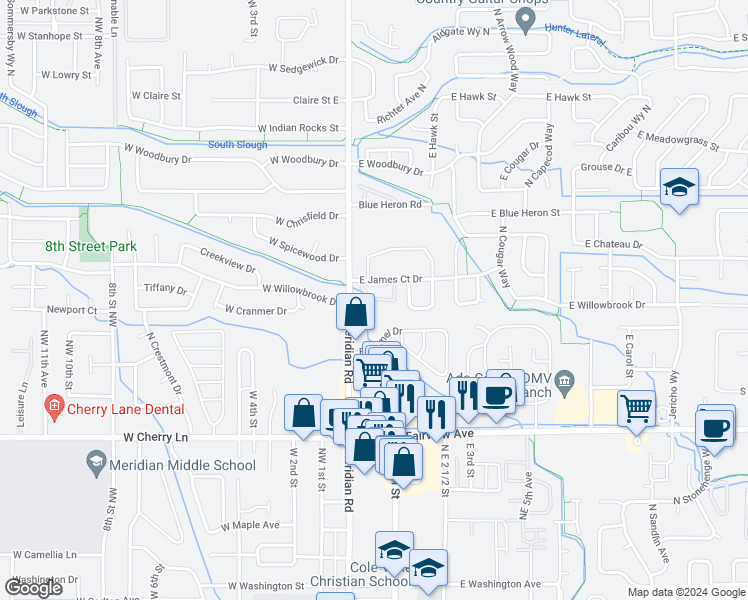 map of restaurants, bars, coffee shops, grocery stores, and more near 152 East James Court Drive in Meridian