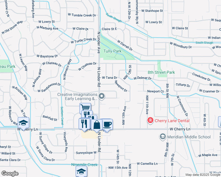 map of restaurants, bars, coffee shops, grocery stores, and more near 1447 West Sandalwood Drive in Meridian