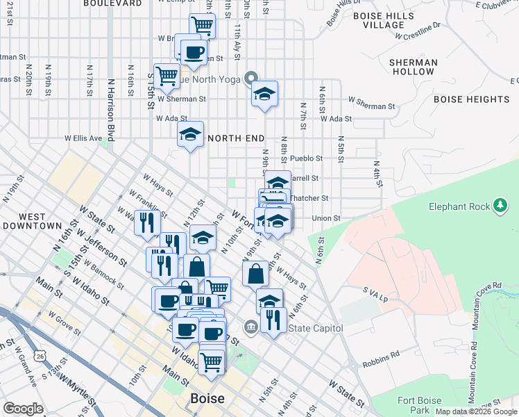 map of restaurants, bars, coffee shops, grocery stores, and more near 1005 North 9th Street in Boise