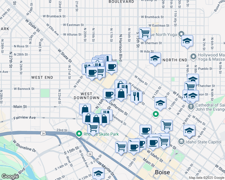 map of restaurants, bars, coffee shops, grocery stores, and more near in Boise