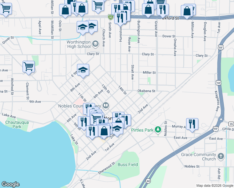 map of restaurants, bars, coffee shops, grocery stores, and more near 1317 4th Avenue in Worthington