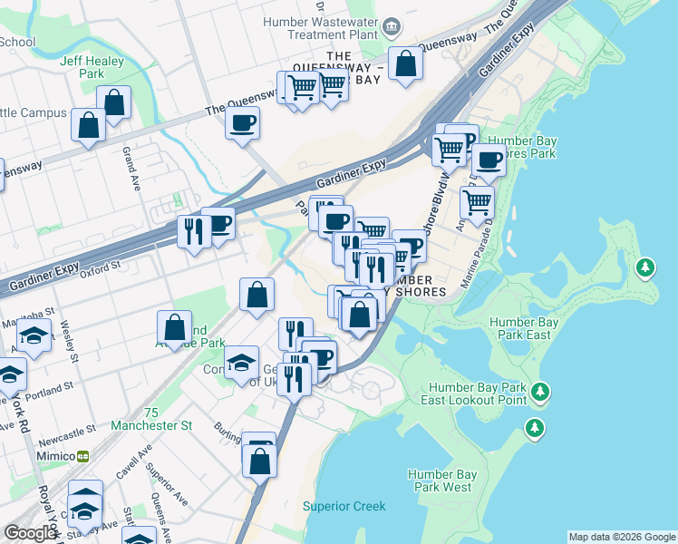 map of restaurants, bars, coffee shops, grocery stores, and more near 36 Park Lawn Road in Toronto