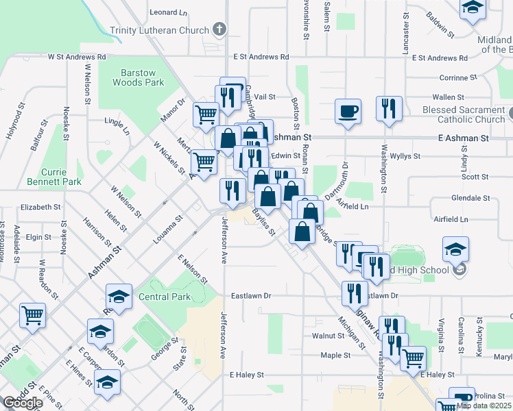 map of restaurants, bars, coffee shops, grocery stores, and more near 404 South Saginaw Road in Midland