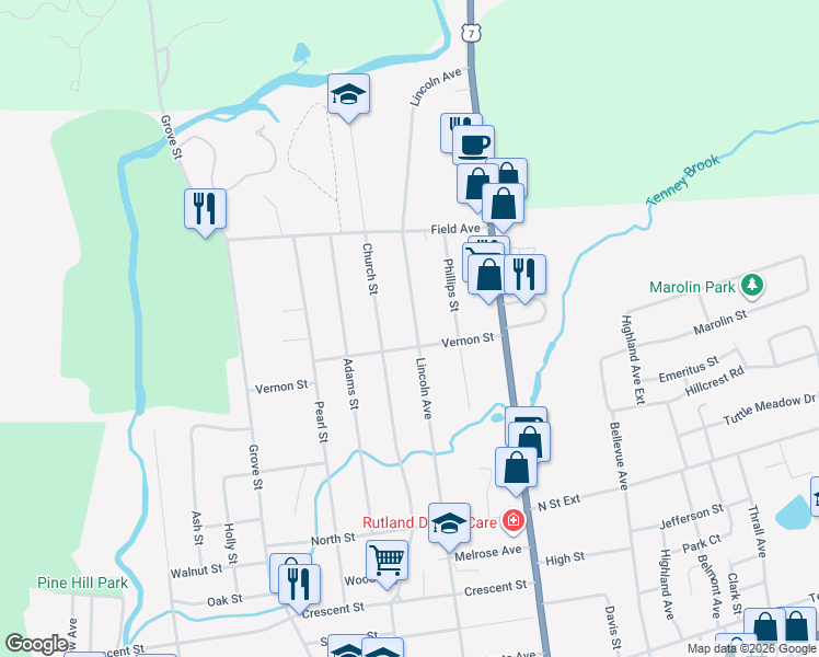 map of restaurants, bars, coffee shops, grocery stores, and more near 26 Vernon Street in Rutland