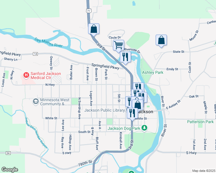 map of restaurants, bars, coffee shops, grocery stores, and more near 615 6th Street in Jackson