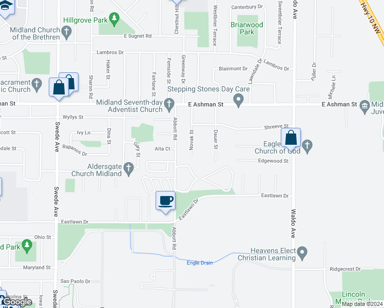 map of restaurants, bars, coffee shops, grocery stores, and more near 2710 Novak Street in Midland