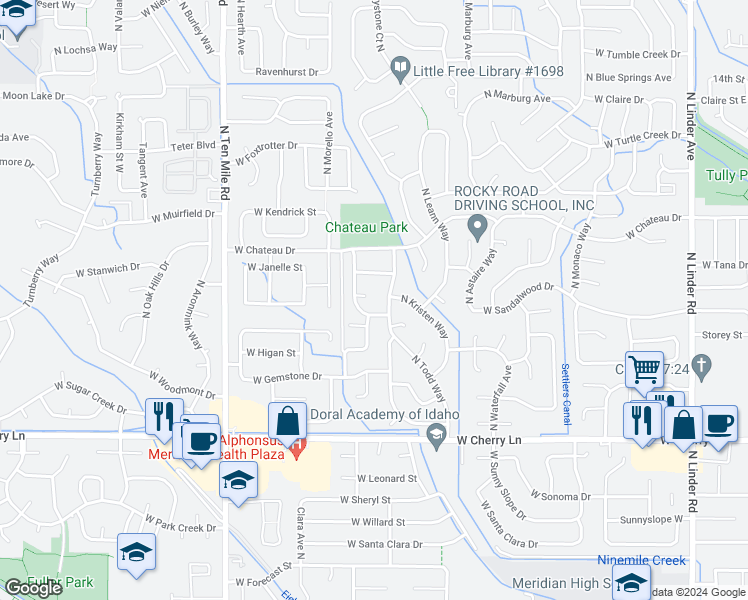 map of restaurants, bars, coffee shops, grocery stores, and more near 2701 West Kristen Court in Meridian