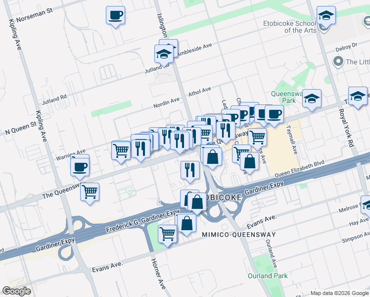 map of restaurants, bars, coffee shops, grocery stores, and more near 1011 The Queensway in Toronto