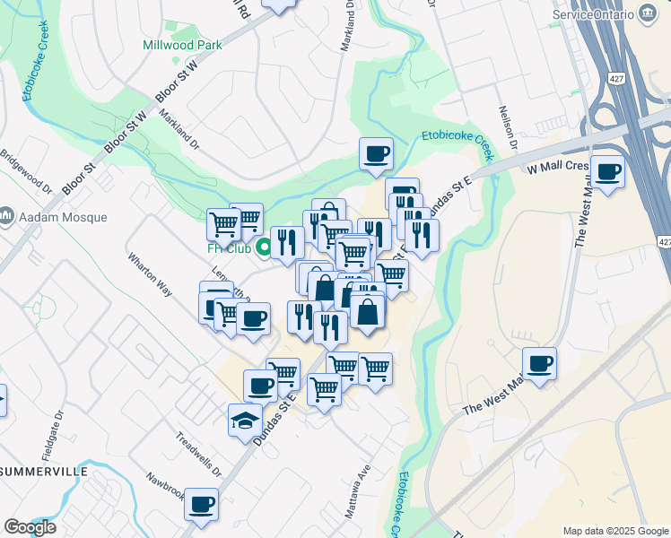 map of restaurants, bars, coffee shops, grocery stores, and more near 3063 Universal Drive in Mississauga