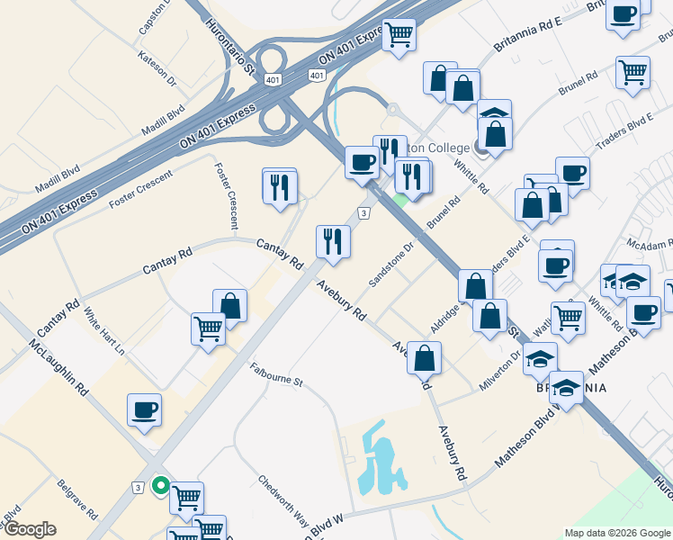 map of restaurants, bars, coffee shops, grocery stores, and more near 5995 Avebury Road in Mississauga