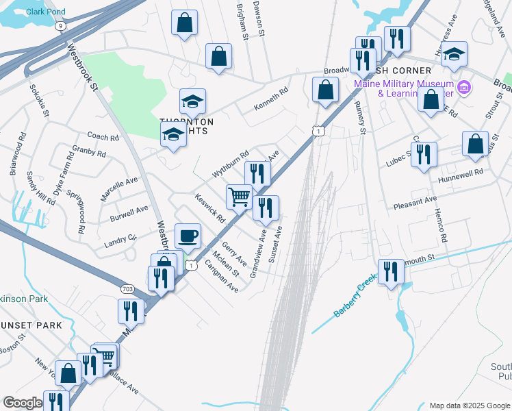 map of restaurants, bars, coffee shops, grocery stores, and more near 5 Tremont Street in South Portland