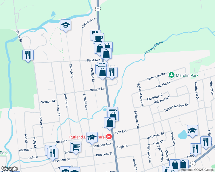 map of restaurants, bars, coffee shops, grocery stores, and more near 205 North Main Street in Rutland
