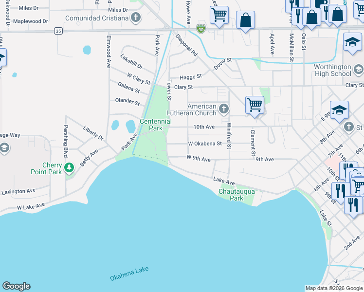 map of restaurants, bars, coffee shops, grocery stores, and more near 113 West 9th Avenue in Worthington