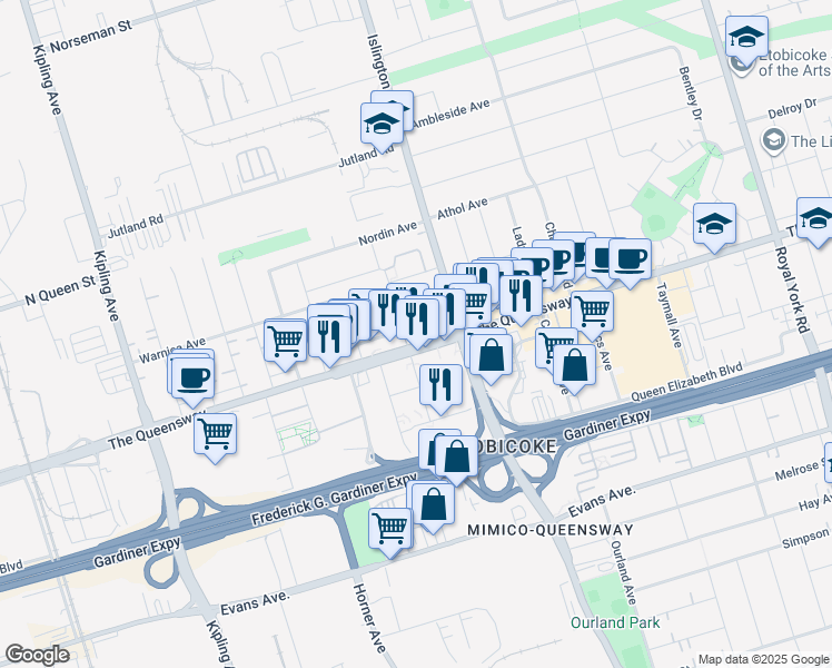 map of restaurants, bars, coffee shops, grocery stores, and more near 1011 The Queensway in Toronto