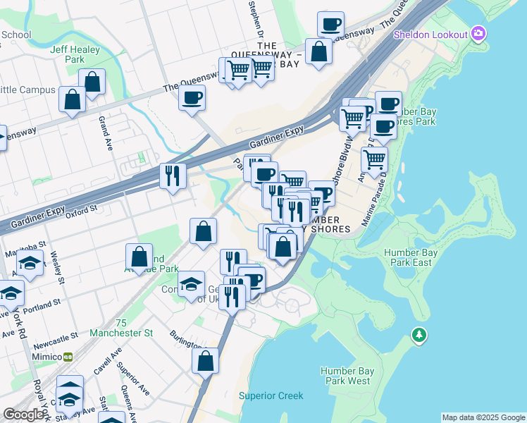map of restaurants, bars, coffee shops, grocery stores, and more near 36 Park Lawn Road in Toronto